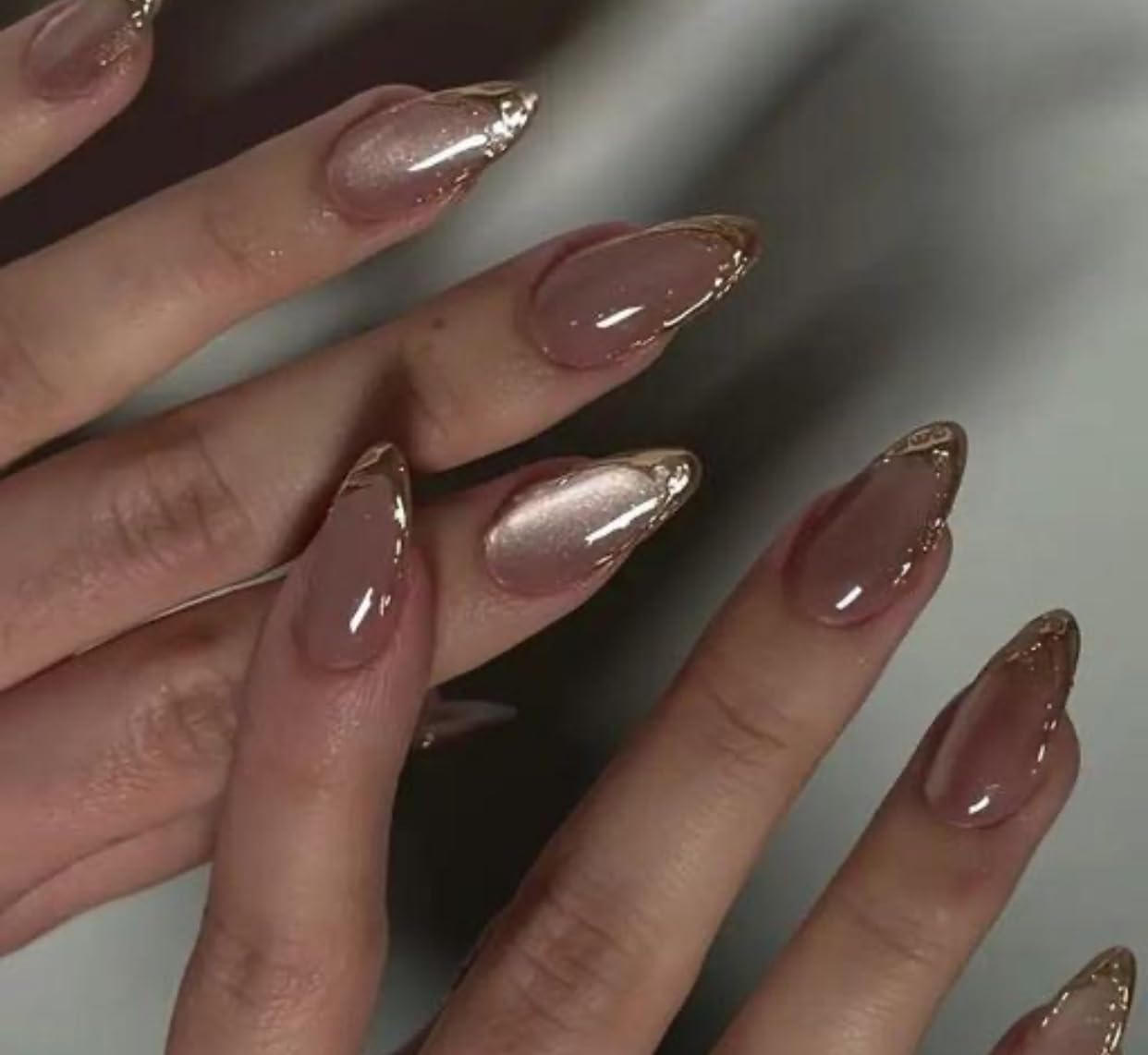 Press on Nails, Almond Shape, Nude Pink with Gold French Tips | Glossy Finish, 24 Pcs, Includes Nail File, Includes Nail Stick-image-38