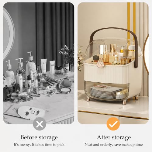 Image of Dravizon Dustproof Cosmetic Storage Box, Cosmetics Skincare Jewelry Lipstick Organizer, Multi-Function Make Up Case, Cosmetics Storage Box, Makeup Organizer with Lid (White) (Cream)