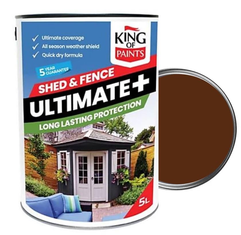 Dark Oak Fence and Shed paint King of Paints One Coat saving you Time & Energy 5Litres