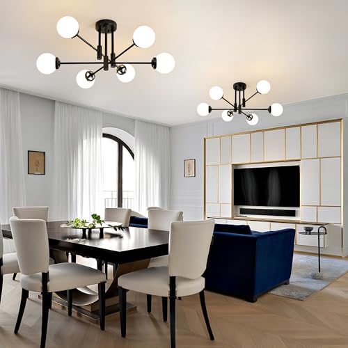 Image of Black Sputnik Ceiling Light Fixture 6 Light with Milk White Glass Shade