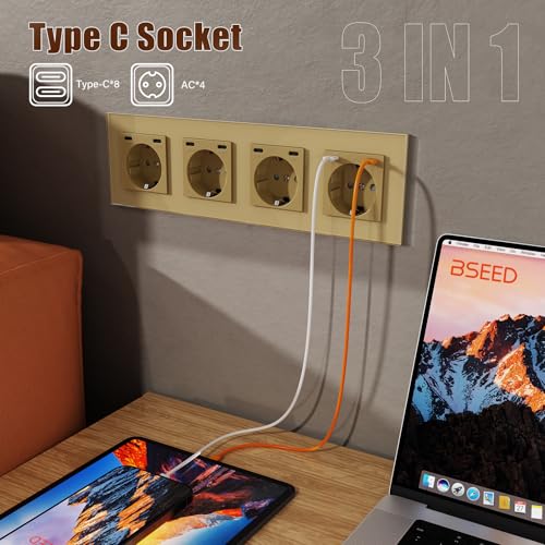 BSEED Steckdose mit USB C(5 V 2.1A),Unterputz Steckdose (Typ C und Typ C),16A 250V 4 Fach Wandsteckdose,2*USB C Einbausteckdose Geeignet f&uuml;r Phone,Pad-299mm*86mm,Gold