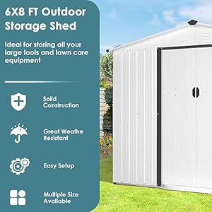Crownland outdoor vented backyard garden storage shed 6x8 feet tool house with sliding door outdoor lawn steel roof sheds white  urban country home decor