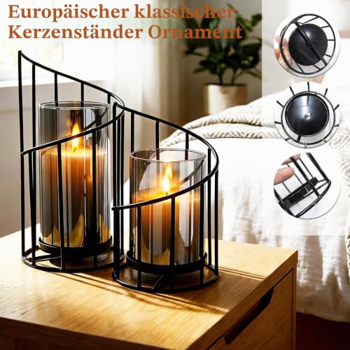 2 Stück Windlicht Schwarz Wohnzimmer Deko, Kerzenständer Schwarzem Metall mit Glasglocke, Höhen 20cm & 16cm, Dekorative Kerzenhalter Schwarz für Wohnzimmer, Esstisch & Terrasse – Bild 4
