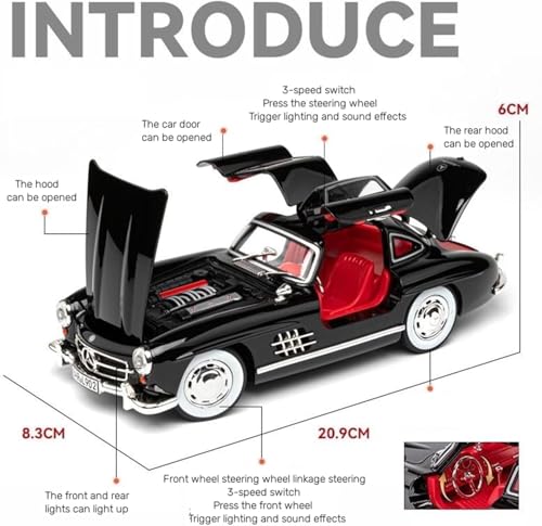 Image of Benz 300 SL Classic Car Model Zinc Alloy Pull Back Toy Car with Sound & Light, for Kids, Boys & Girls, Ages 3+ (Red)