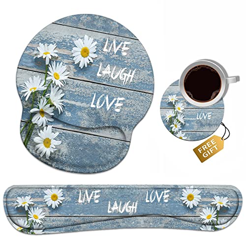 Keyboard Wrist Rest + Mouse Pad Wrist Support Set with Coasters, Dreamy Daisy Vintage Wood Board Live Laugh Love Design Non-Slip PU Base Ergonomic Mousepad for Home Office Working Studying