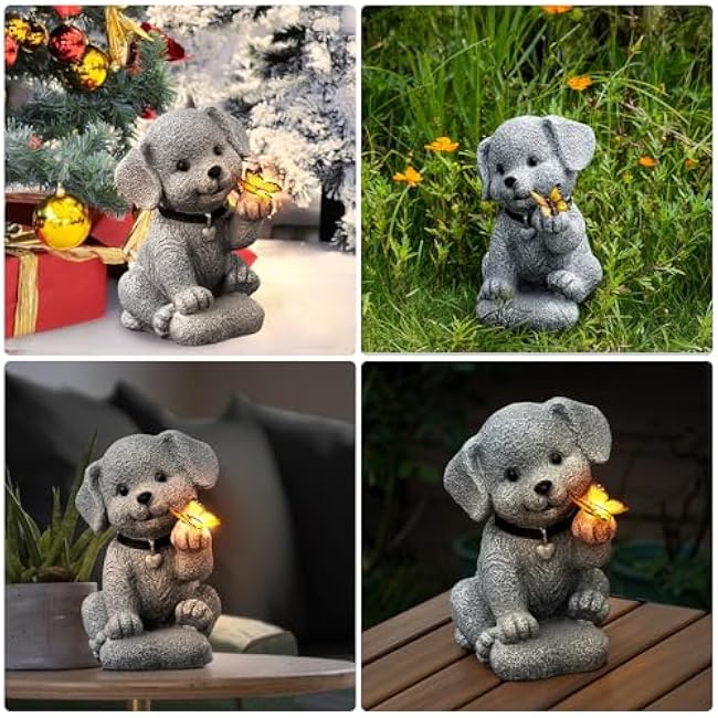 Solar Garden Statue Outdoor Decor,Dog Figurine with LED Lights,Birthdays Mother£ªs Day Housewarming Gift for Women, Mom, Grandma,Garden Gifts¨ÛHome Decoration with Butterfly