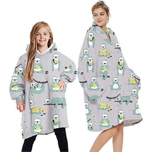 L&ieserram Oversized Oodie Blanket Hoodie Fluffy Fleece Hoodie Blanket for Women Men Kids Wearable Hooded Blanket with Big Pocket (Sloth