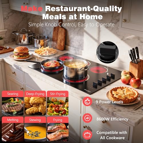 Image of Upgraded 29.13 Inch Electric(Cut-out Size: 29.13 inchx19.3 inch) Cooktop 5 Burners - 30 Inch Powerful 8600W Built-in Electrical Stovetop Burner Knob Control, Timer, Safety Lock, 240V Hard Wired