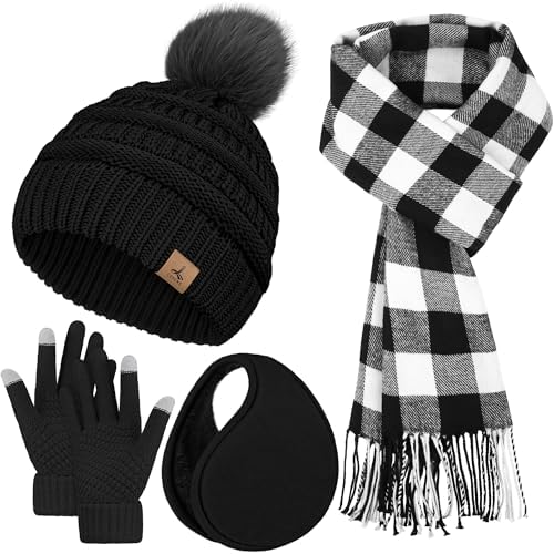 Winter Hat Scarf Gloves and Ear Warmer, Knit Warm Beanie Hat Touch Screen Gloves Long Knitted Plaid Scarf Set Gifts for Women