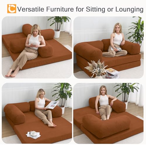 COMAX Futon Sofa Bed, 4-in-1 Floor Foldable Sofa Couch Bed Queen with L-Shaped Armrests, Convertible Folding Chair Bed Corduroy Sleeper Mattress Fold Out Comfy Lounge for Living Room, Orange