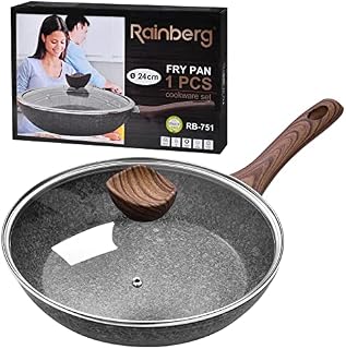 Rainberg 24CM Frying Pan, Frying Pan with Lid, Granite Frying Pan Nonstick, Nonstick Frying Pans with Lid, Stone Frying Pan with Lid, Induction Compatible, Christmas Present (24CM)