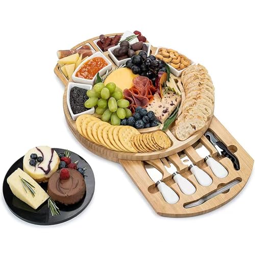 Tabla de quesos | Tabla grande de madera para charcutería, contenedor de alimentos para reunión con platos de cerámica para servir restaurantes, hogar, bodas, eventos