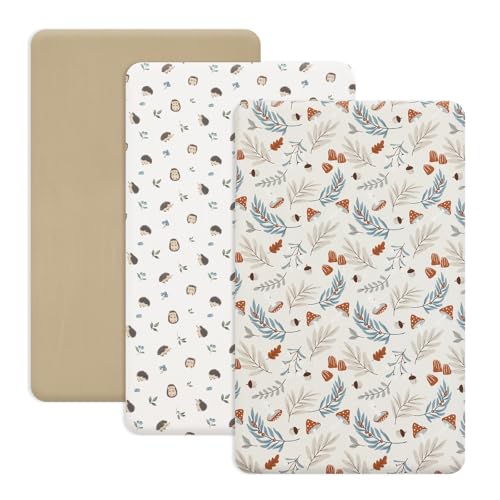 Image of PHF 3 Pack Soft Mini Crib Sheets, Leaf&Mushroom Pack N Play Sheets for Baby Boys Girls, No Slip Universal Fit for Pack N Play, Playard, Portable and Mini Crib Mattresses,Leaf&Mushroom