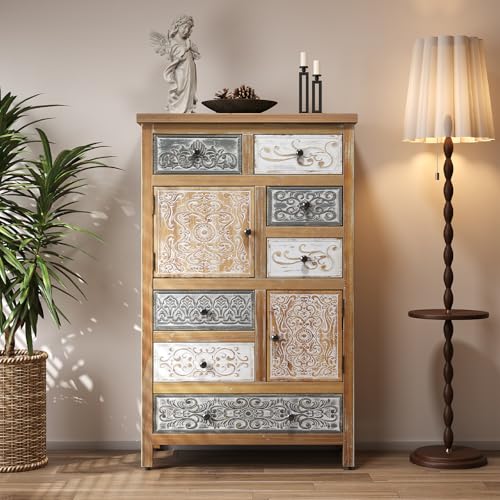 Image of Vintage Carved Accent Cabinet with 7 Drawers, Solid Wood Storage Sideboard for Living Room, Dining Room & Hallway, 47.44 inch Tall