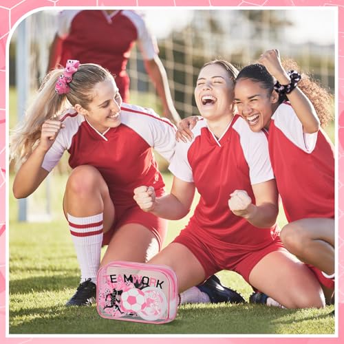 36 Pcs Pink Soccer Gifts for Girl 12 Pink Soccer Makeup Bag Bulk Cosmetic Bag Sport Team Gifts with 12 Sport Hair Scrunchies 12 Round Portable Folding Brush for Coach Team Soccer Party2