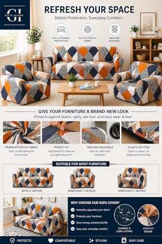 Image of Gifts Island Sofa Cover 3 Seater and 2 Seater Fully Covered Universal 5 Seater Sofa Cover Non-Slip Sticky Elastic Stretchable Sofa Set Slipcover Protector for (3+1+1 Seater) (Orange Prism)