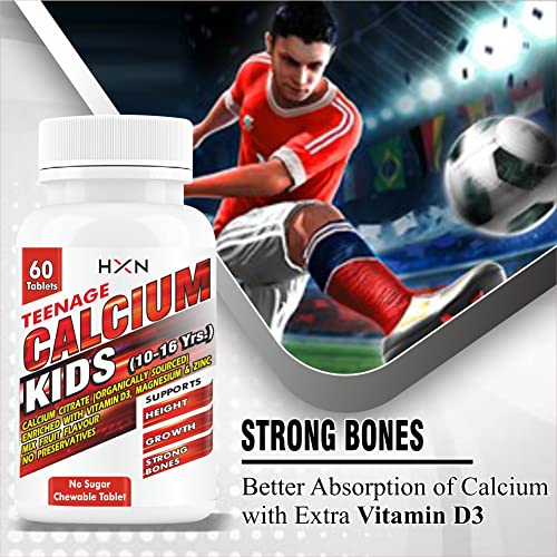 Image of HXN Calcium For Kids With Vitamin D3, Magnesium, Zinc, Vitamin B12, Multivitamin Supplements for Teenager Kids Strong Bones Health | Teeth | Growth | Sugar Free -60 Chewable Tablets (10-16 years)