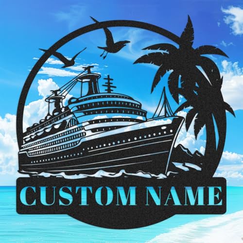 Personalized Palm Trees Cruise Ship Metal Sign, Custom Lake Beach House Decor Beach Sign with Name, Customized Ship Wall Decor Monogram Sign Metal Wall Art Decoration for Pool Bathroom