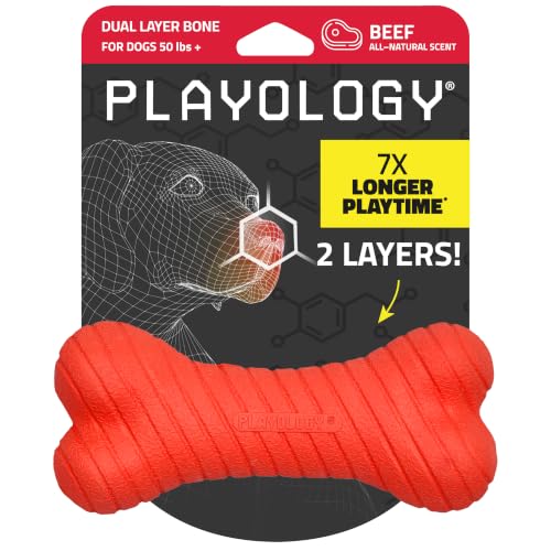 Playology Dog Toys | Dual Layer Bone Chew Toy for Large Dogs | Beef Scented Jumbo Dog Bone