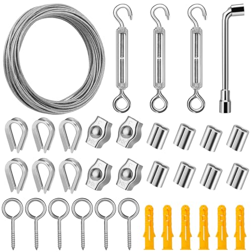 DIYLAND 20M Corde en Acier Inoxydable à Suspendre Kit, 2mm PVC Câble en Acier Inoxydable Revêtu avec Tendeur M5 de Fil, Câble d'image pour Outdoor...