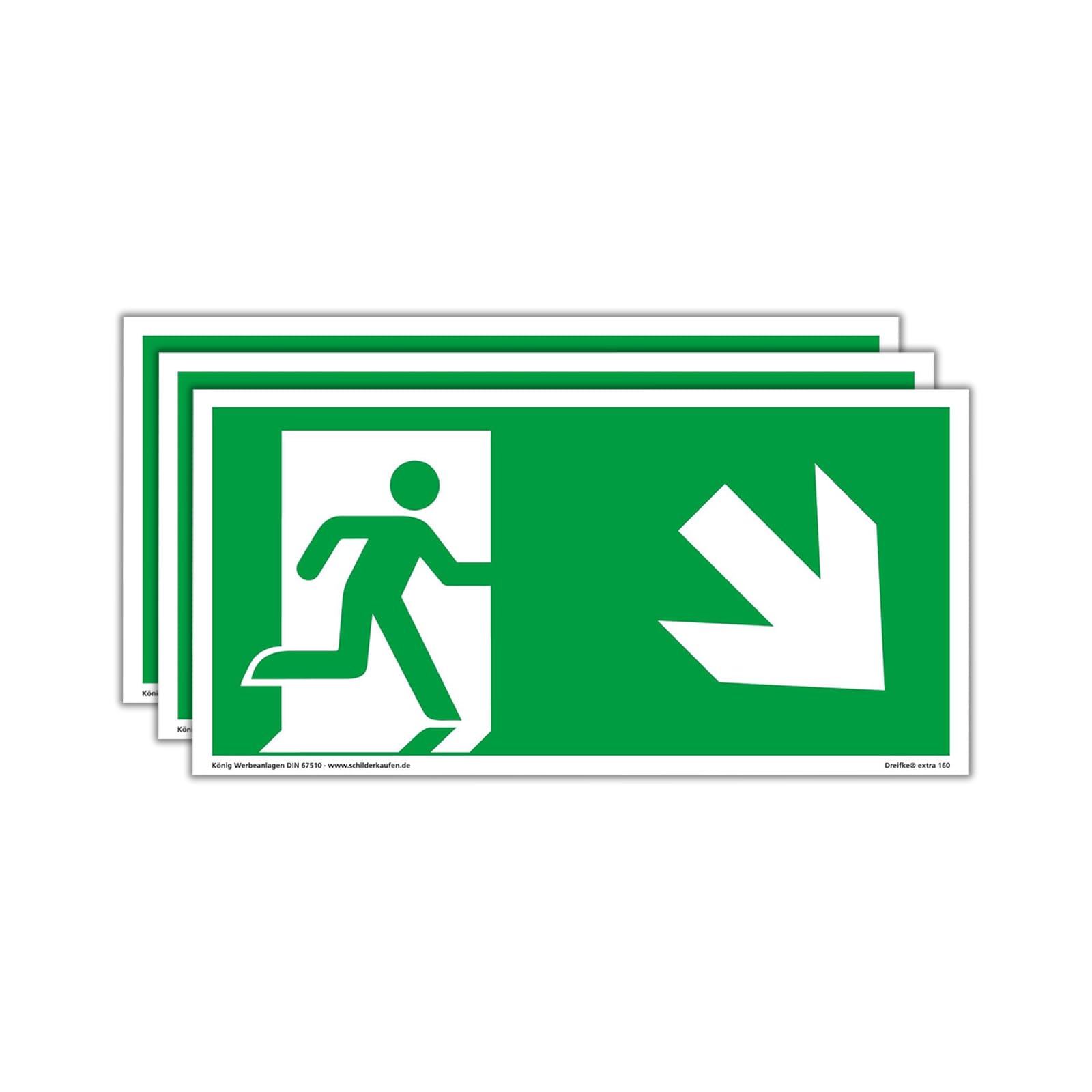 3 Schilder Notausgang | extra langnachleuchtend | PVC selbstklebend 297x148mm | gemäß ASR A1.3 DIN 7010 DIN 67510 | Notausgangsschild rechts schräg abwärts | Fluchtweg Rettungsweg | Dreifke® extra 160