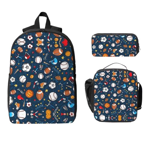 Sports Baseball Game print Shoulder Bookbags Lunch Bag and Pen Case 17 inches Backpack with Lunch Box, Cute Bookbag Set2