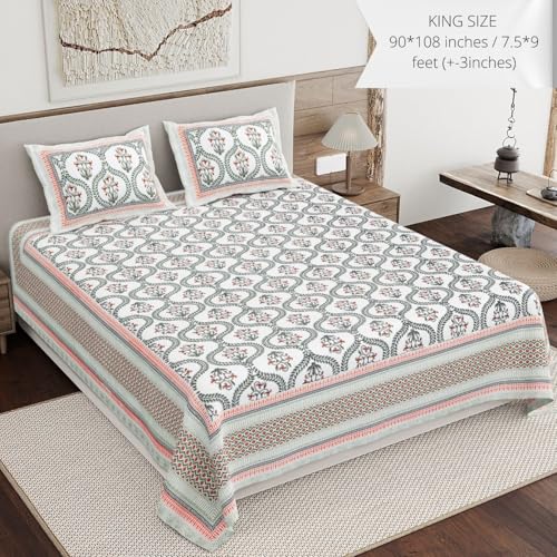 Image of Living Roots Ethnic Jaipur Block Print Double Cotton Bedsheet & 2 Pillow Covers, for Mattress Upto 6 inches Thick, No Colour Bleeding, Peach Colour, King Size 90 * 108 inches, 120TC (604-B)