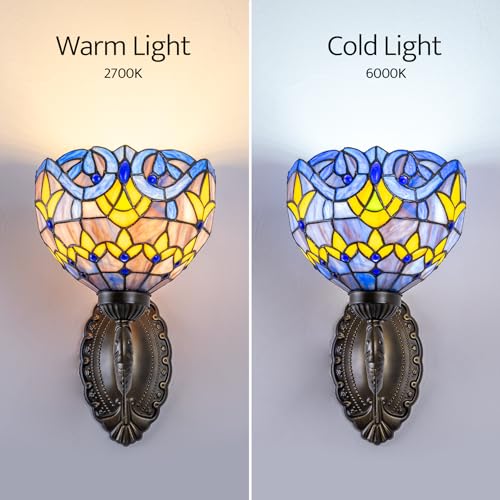 Image of Blue Baroque Tiffany Wall Sconce 8 inch Stained Glass Wall Light with E26 Base Vintage Art Deco Wall Lamp for Bedroom Hallway Living Room Home Office