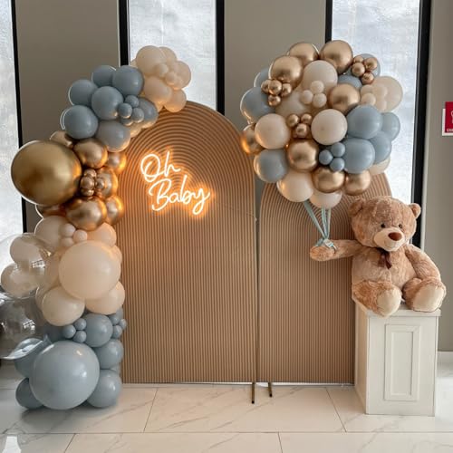 Image of Dusty Blue Beige Balloons, 12 Inch Fog Blue Sand White Balloons with Cream Ivory Metallic Gold Balloon for Baby Shower Boho Bridal Shower Birthday Wedding Engagement Party Decorations Supplies