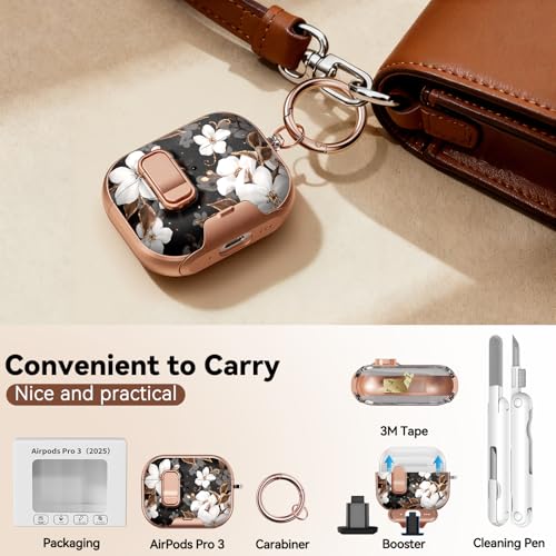 Image of for AirPod Pro 3 Case 2025, with Safty Lock & Phone Stand for Floral AirPod Pro 3 Generation Case Cover for Women Girly, iPod Pro 3 Cases with Keychain & Cleaner Kit - Black Gold Flower