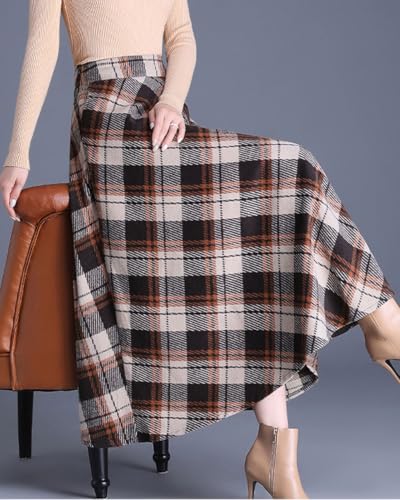 chouyatou Women's Winter Elastic Waist Wool Plaid Skirt Fall A-Line Pleated Midi Long Skater Skirt3
