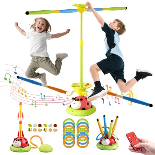RoserRose 5 em 1 Jogos exteriores para crianças, brinquedo de foguete, salto musical, jogo de lançamento, esquivar e saltar, brinquedos de jardim com controlo remoto, jogos de exterior para crianças 3
