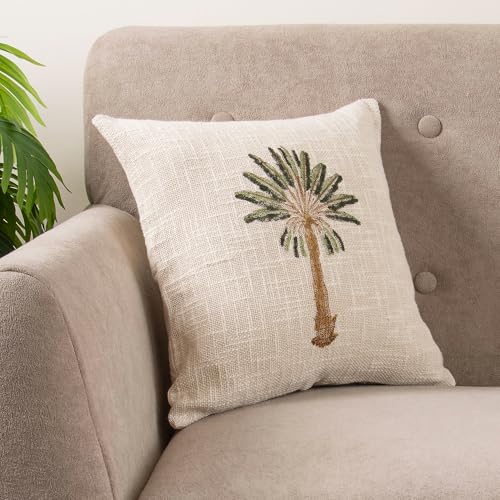 Image of Premium Palm Tree Cotton Jute Square 16x16 Inch Cushion Cover 40x40 cm Throw Pillow Covers for Living Room Couch Diwan Sofa, Beige (Set of 2)
