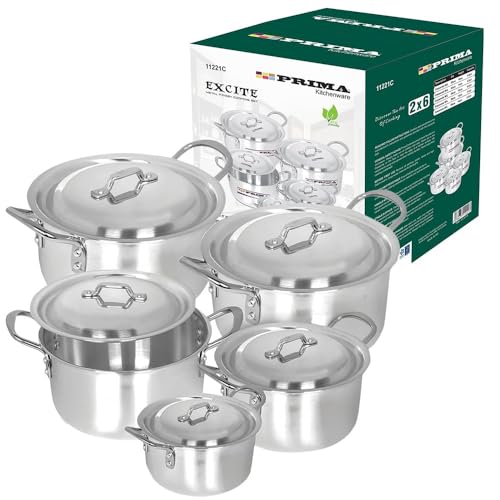 10Pc Large Aluminium Casserole Set - Cookware Set, Stockpots Come With Lids | Ideal For General Cooking & Catering | Strong Reinforced Handles, Durable & Long Lasting