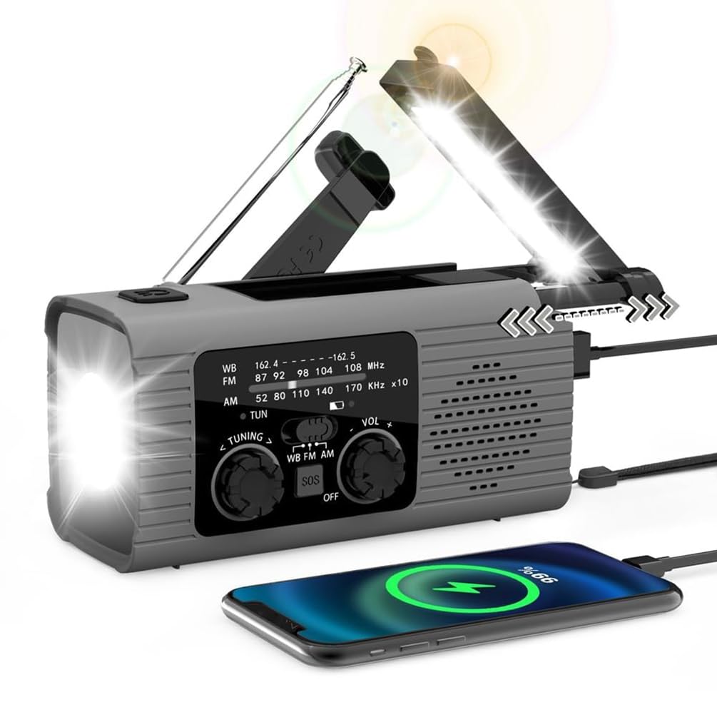 Awaryjne radio pogodowe – korba ręczna solarna dynamo radio z baterią 2000 mAh, latarka LED, alarm SOS, AM/FM/WB do biwakowania na świeżym powietrzu i gotowości awaryjnej