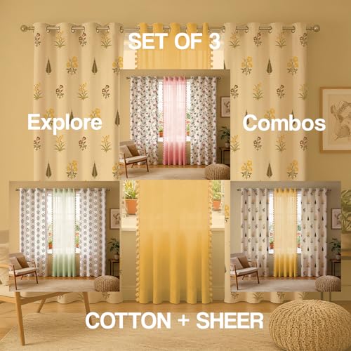 Image of Urban Space Printed 100% Cotton Curtain for Window, Cotton & Sheer Combo Set of 3 Curtains 5 Feet Long, Tieback & Eyelets Included with Curtains for Room Darkening (High Garden & Yellow pom pom)