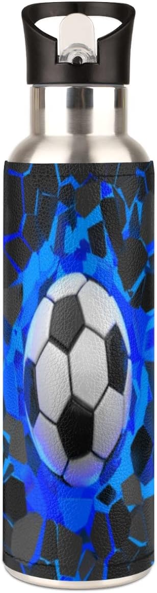 Insulated Stainless Steel Water Bottle with Straw 20oz Blue Black 3d Sport Soccer Football Sports Water Bottles BPA Free Leakproof Metal Vacuum Flask Jug for Kids Gym Fitness - Image 4