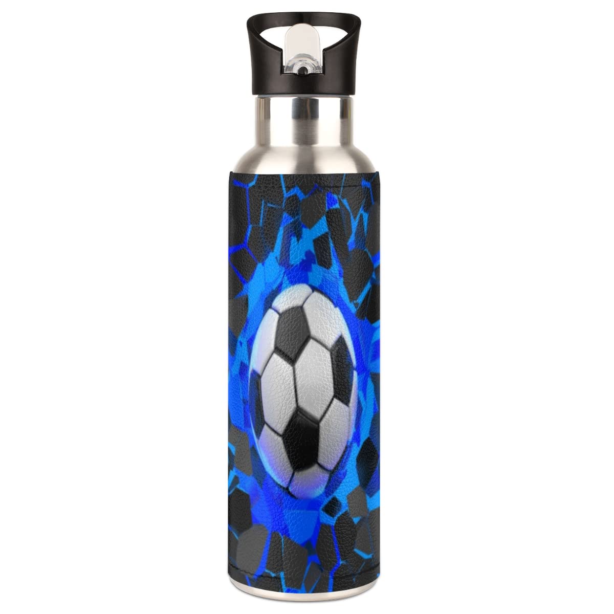 Isolierte Edelstahl-Wasserflasche mit Strohhalm, 590 ml, Blau / Schwarz, 3D-Sport-Trinkflaschen, BPA-frei, auslaufsicher, Metall-Vakuumflasche für Kinder, Fitnessstudio, Fitness