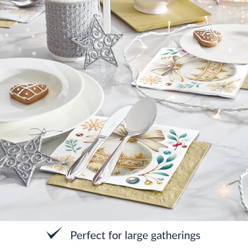 PAW - Christmas Luncheon Napkins 6,5'' x 6,5'', White and Gold Disposable Paper Napkins with Bauble, Elegant Lunch Napkins for Winter Birthdays, Christmas Parties, New Years, Decoupage, 50 Count – Image 5