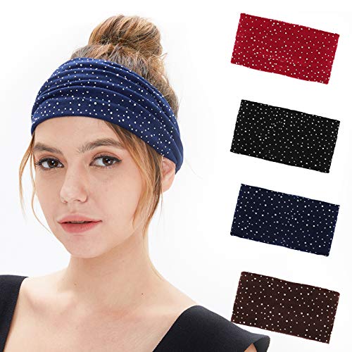 4PCS Wide Cotton Headbands, Women Elastic Headbands for Yoga Running, Workout Hairbands, Solid Turban Headwraps with Rhinestone, by Nspring