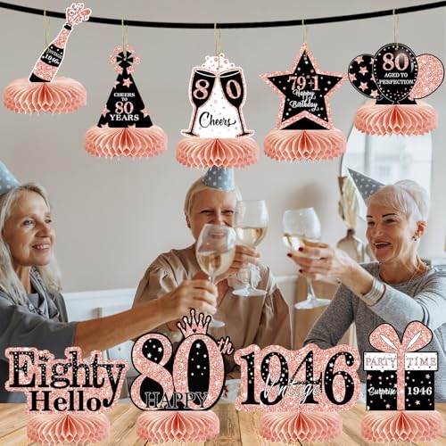 Image of 9Pcs 80th Birthday Decorations Honeycomb Centerpieces for Women, Rose Gold Happy 80th Birthday Centerpieces Tables Toppers Party Decorations Supplies, Vintage 1946 Aged Table Sign Decor