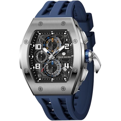 Image of TSAR BOMBA Mens Luxury Watch Watches for Men 50M Waterproof Japanese Quartz Movement Tonneau Stainless Steel Case Sapphire Glass with Chronograph Date Function Cool Unique Fashion Gift