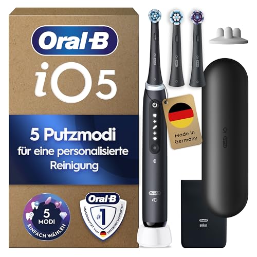 Oral-B iO Series 5 Plus Edition Elektrische Zahnbürste mit 3 Aufsteckbürsten, Schwarz - Electric Toothbrush, Inkl. Reise-Etui Und 5 Putzmodi für Zahnpflege, Designed by Braun