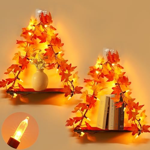 Floating Shelves For Fall Wall Decoration With Fall Lighted Garland,2 Pack Ivy Vines Fall Leaves Garland Lights Hanging Plant Shelves For Bedroom Living Room Boho Wall Decor, Fall Decorations For Home