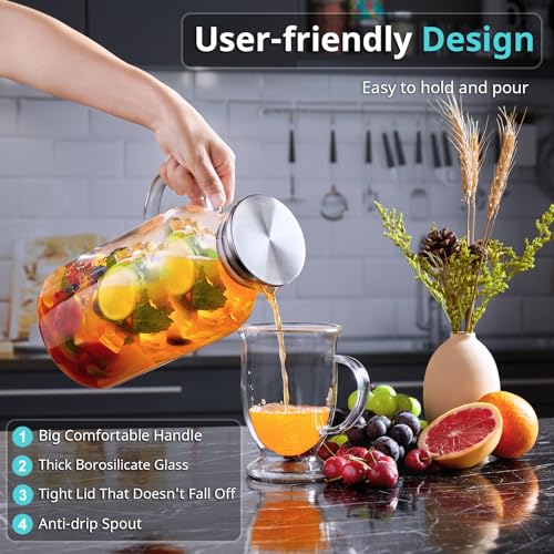 Image of Bivvclaz 3 Liter 101 oz Glass Pitcher with Lid and Handle, Water Pitcher for Fridge, Glass Carafe for Hot /Cold Water, Large Iced Tea Jug for Coffee, Juice and Homemade Beverage