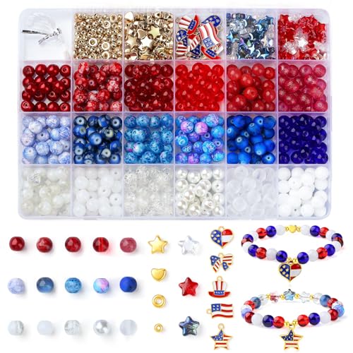 DUQGUHO Red White and Blue Glass Beads Patriotic Beads for 4th of July