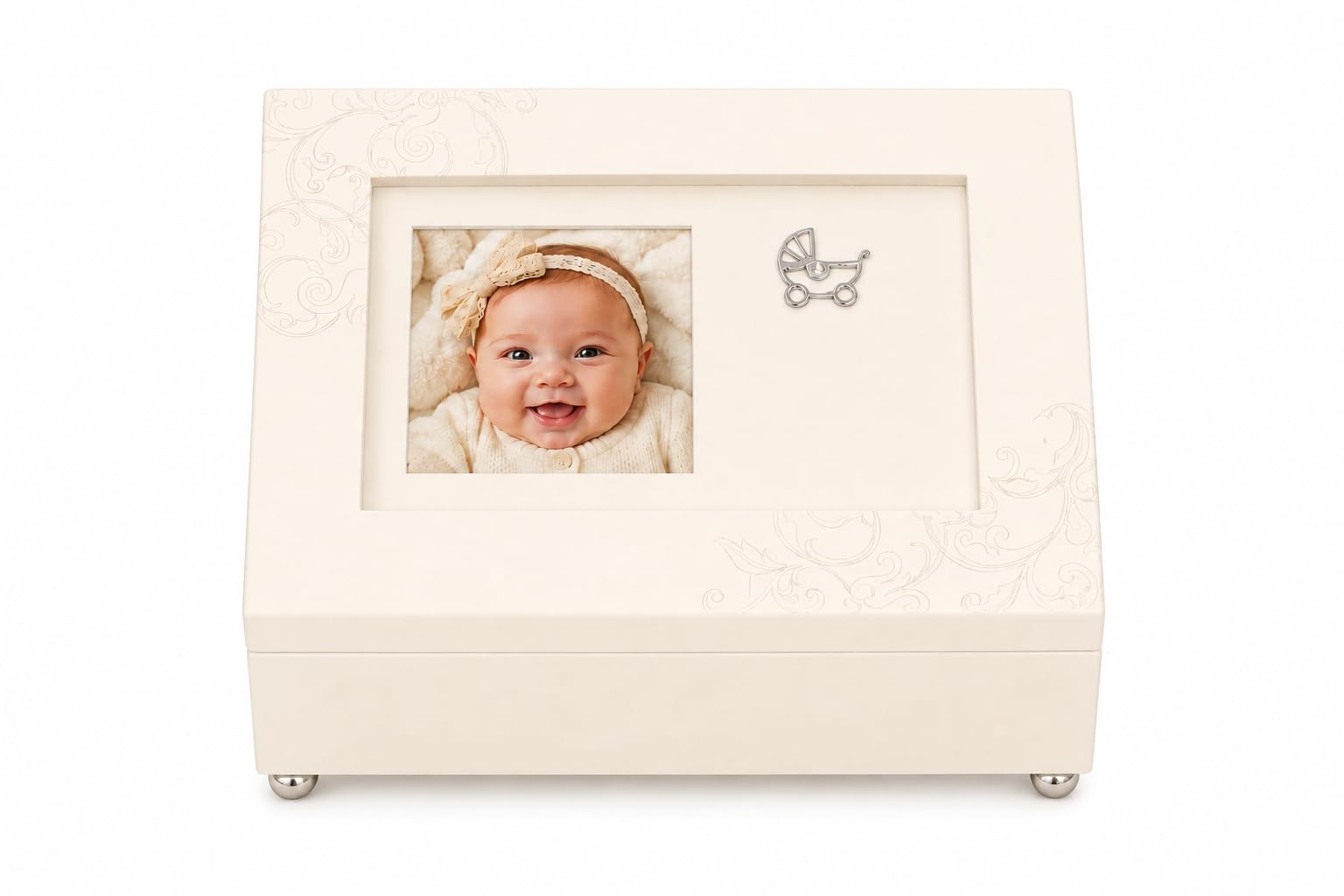 Scatola dei ricordi per bambini con carillon e scomparto per foto, personalizzabile, bianco caldo
