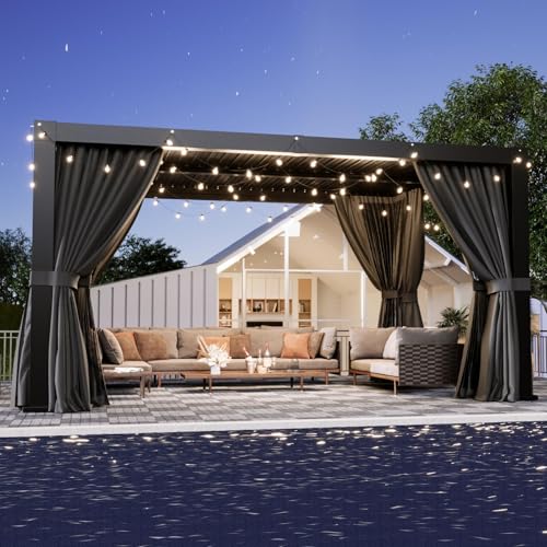 Aoxun Louvered Pergola 10x12 All-Aluminum Outdoor Gazebo with Independent Adjustable Roofs Waterproof Curtains and Netting Integrated Drainage System for Patios & Backyard