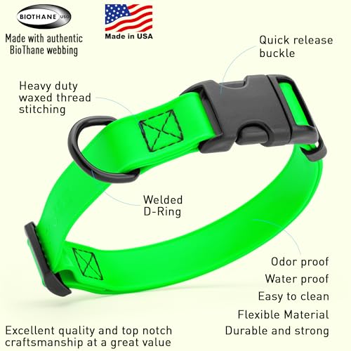 Image of Dogline Biothane Waterproof Dog Collar with Quick Release Buckle Strong Coated Nylon Webbing with Odor- Proof for Easy Care Easy to Clean Fits Small Medium Large Dogs, Lime Green 1 inch W 15-25 inch L