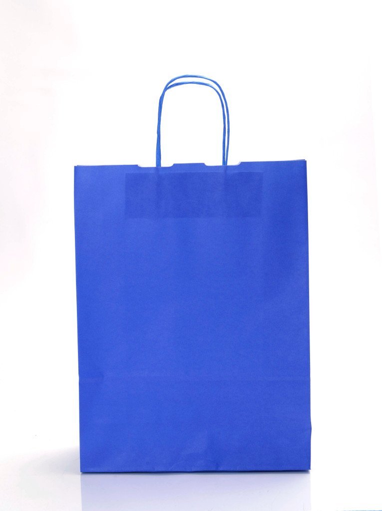 Doran Packaging Blue 100X Coloured Kraft Twisted Handle Paper Carrier Bags, Select Size And Colour (Medium - 260X110x345mm, )